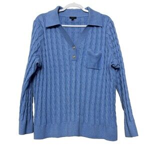 Talbots Cable Knit Johnny Collar Polo Sweater Womens 2X Blue